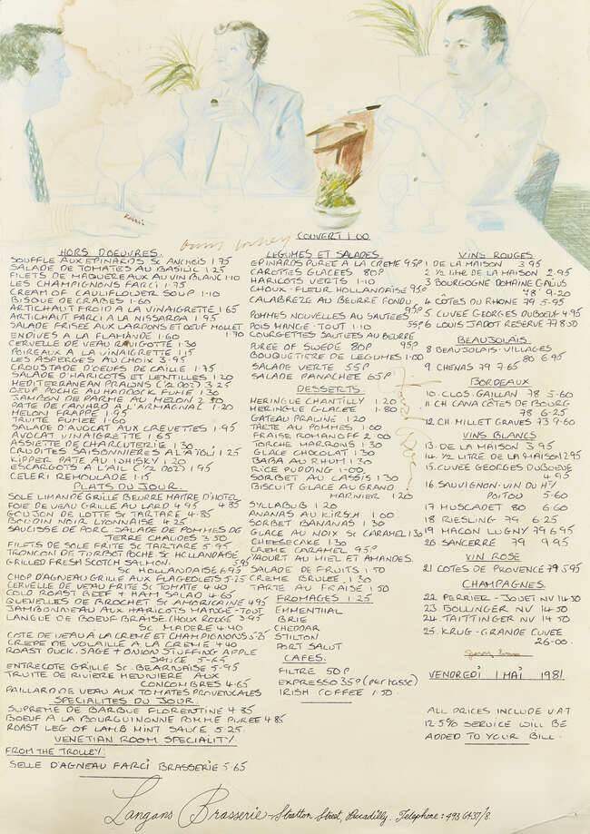 
	
		David Hockney OM CH RA, 
		British b.1937 - 
		 
		Langan&#39;s Brasserie Menu signed by...