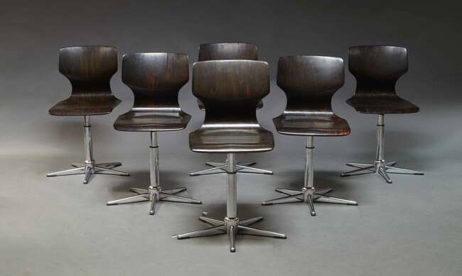 
	
		Adam Stegner for Pagholz Flototto, a set of six pagwood chairs c.1970s, on steel swivel...