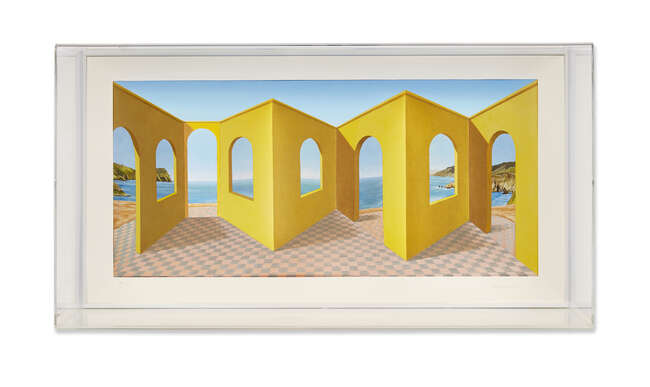
	
		Patrick Hughes,
		British b.1939- 
		 
		Openings, 1999;
		 
		hand-painted 3D...
