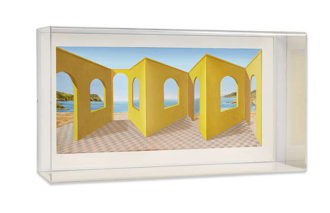 
	
		Patrick Hughes,
		British b.1939- 
		 
		Openings, 1999;
		 
		hand-painted 3D...