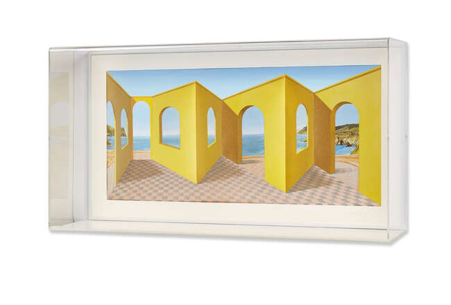 
	
		Patrick Hughes,
		British b.1939- 
		 
		Openings, 1999;
		 
		hand-painted 3D...