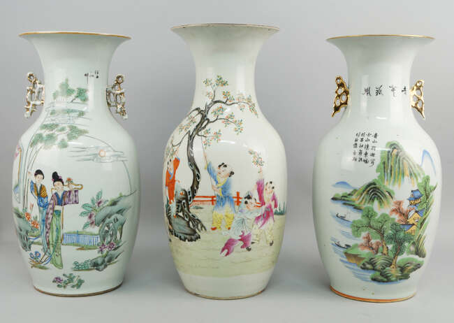 
	
		Three Republican period Chinese porcelain vases, 20th century, decorated with scenes of...