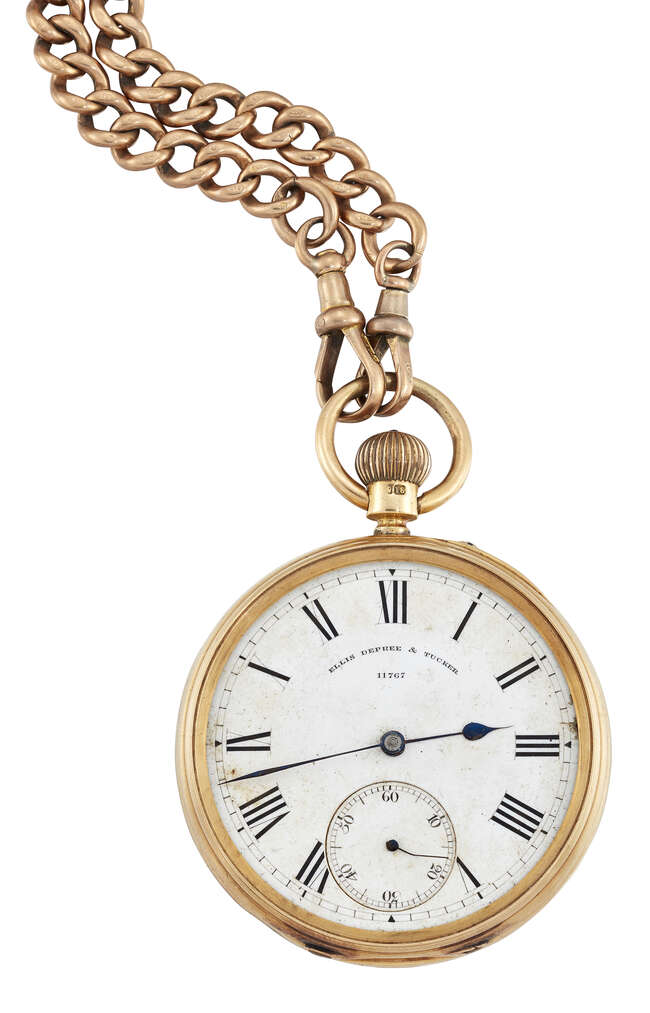 
	
		An 18ct gold open face keyless pocket watch by Ellis Depree & Tucker, the white enamel...
