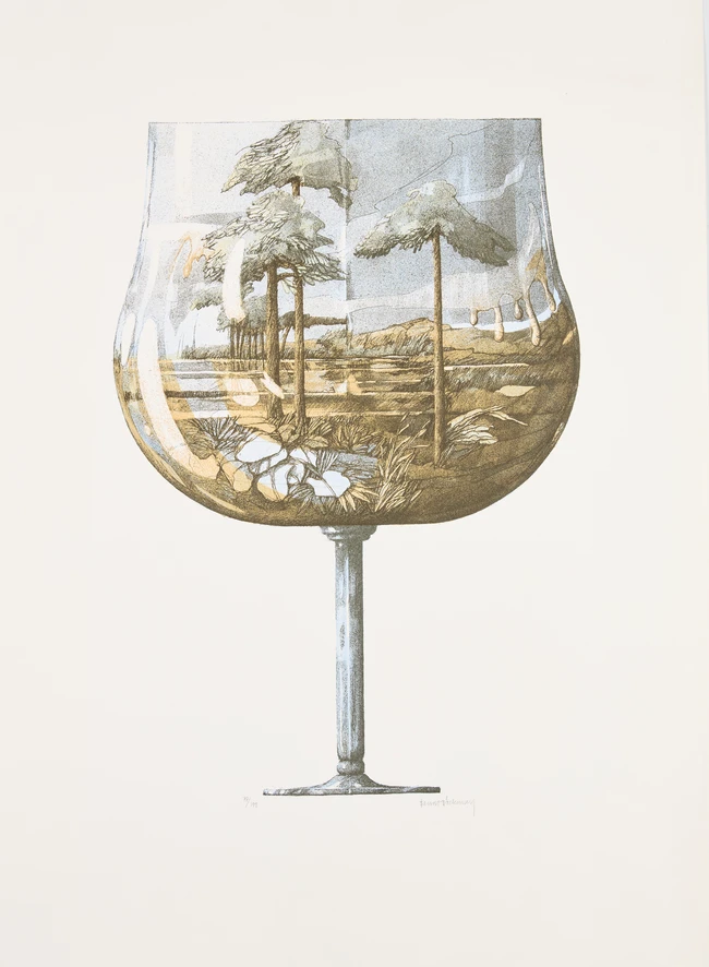 Bengt Bockman, Swedish, 1937-2014
A wine glass with landscape inside, a wine barrel, a wine...