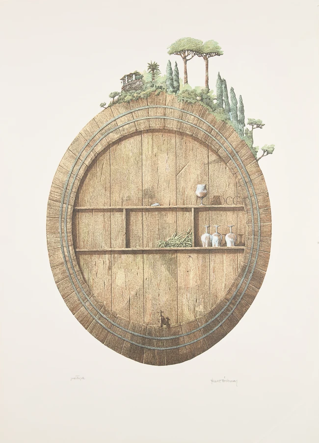 Bengt Bockman, Swedish, 1937-2014
A wine glass with landscape inside, a wine barrel, a wine...