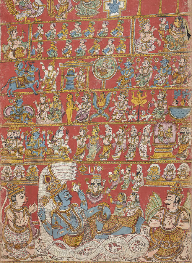 
	
		A scroll depicting Markandeya and Bhavana Rishi Purana performed before the Padma Sale,...