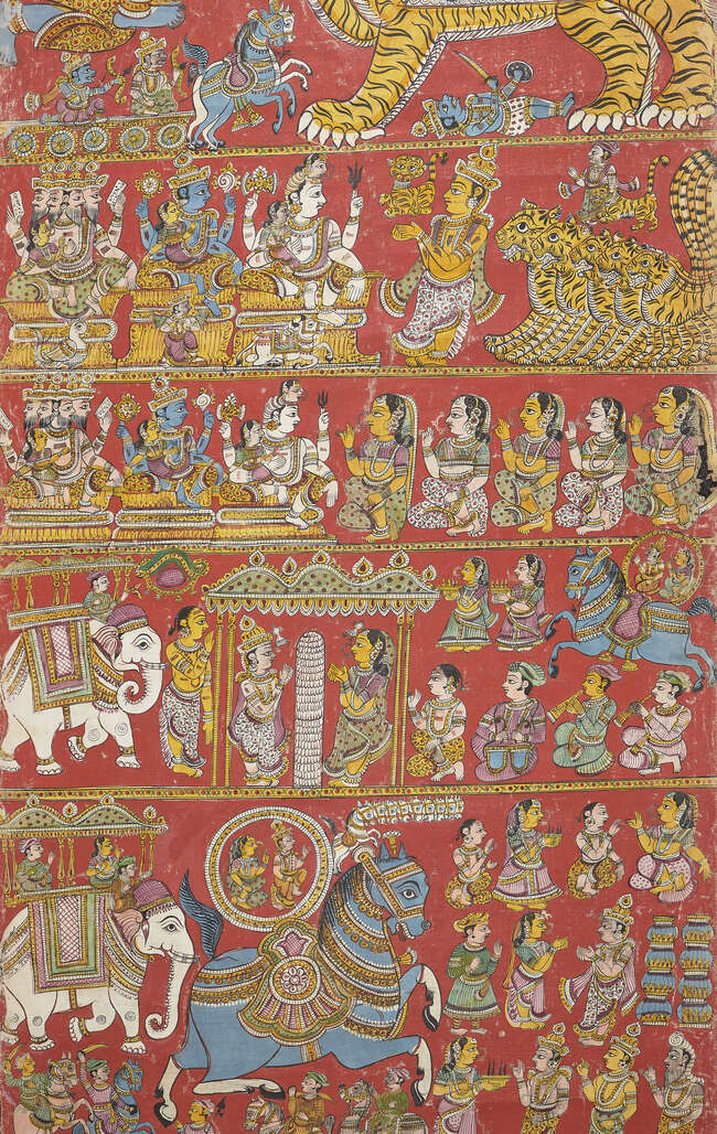 
	
		A scroll depicting Markandeya and Bhavana Rishi Purana performed before the Padma Sale,...