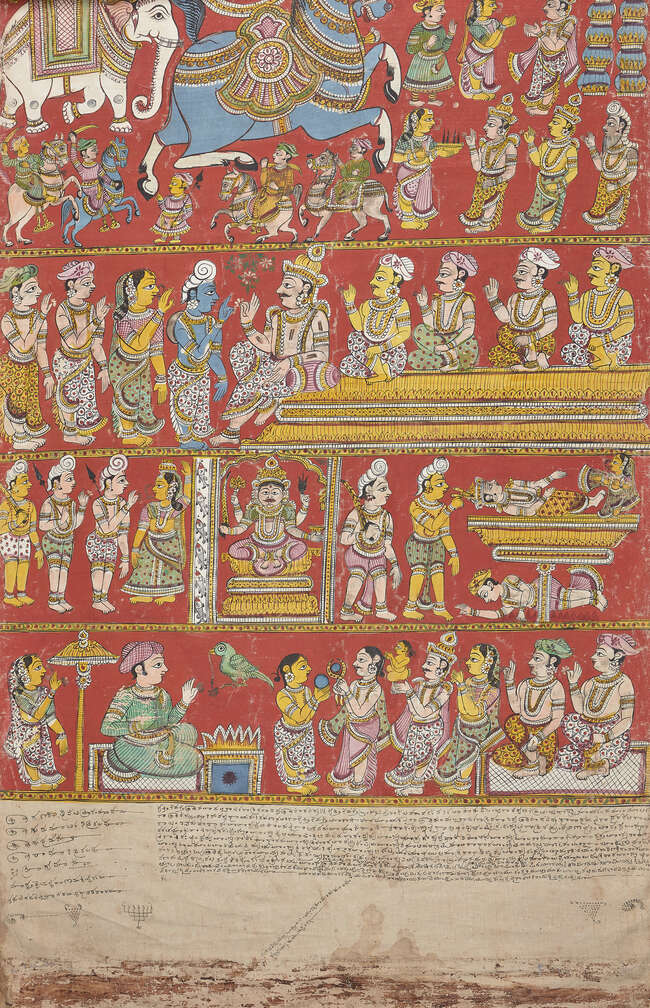 
	
		A scroll depicting Markandeya and Bhavana Rishi Purana performed before the Padma Sale,...