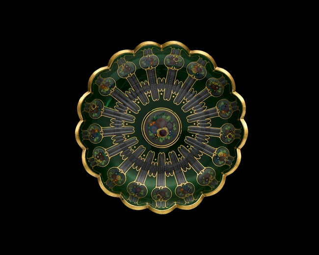 A gilt, circular and scalloped, cut green glass shallow dish, Bohemia or central Europe for the...