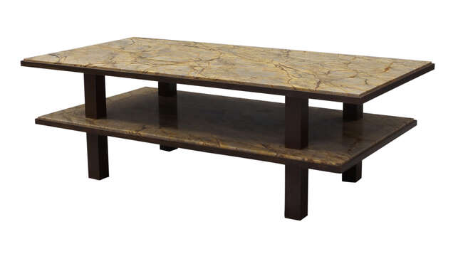 
	
		A marble and bronzed two tier coffee table,
		c.1980,
		with two graduated rectangular...