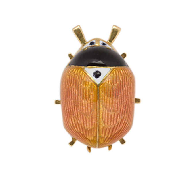 
	
		A gold and enamel ladybird clip brooch, the body with pink guilloche enamel back and...
