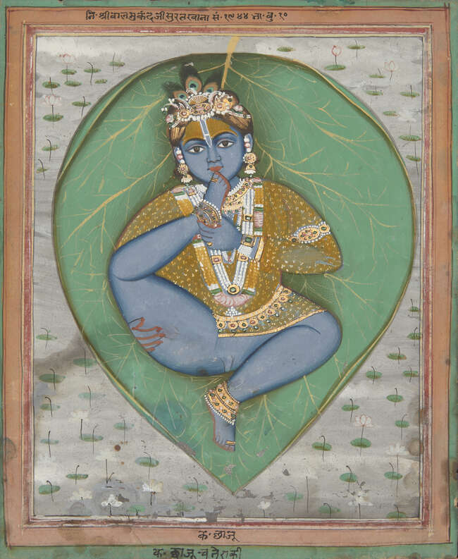 
	
		Krishna as a baby on a banyan leaf, Rajasthan, circa 1800, with a line of Devanagri...