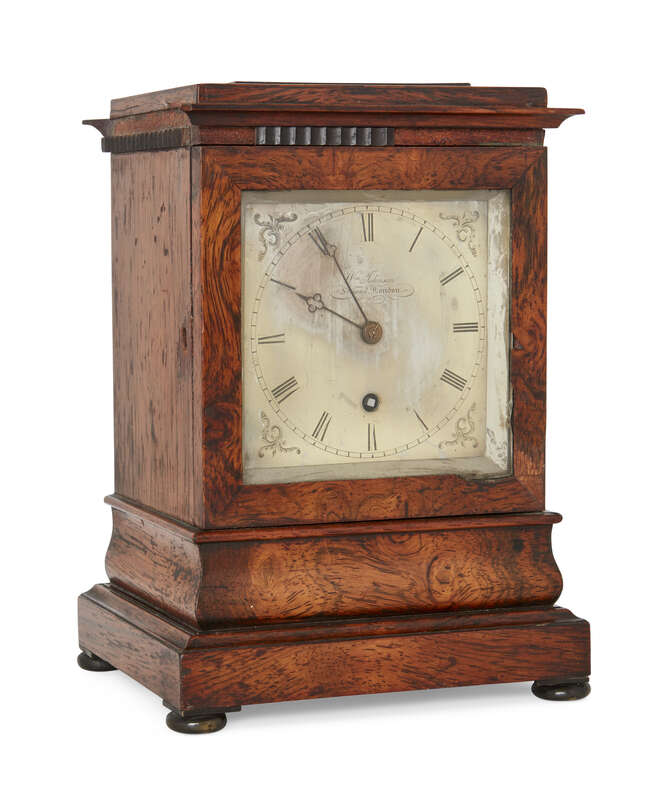 
	
		A rosewood mantel timepiece by William Johnson, Strand, London, second-quarter 19th...