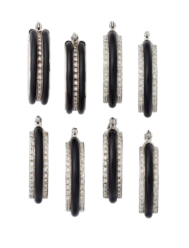 Four pairs of hoop earrings, each set with diamond lines, with rubber accents, to post fittings,...
