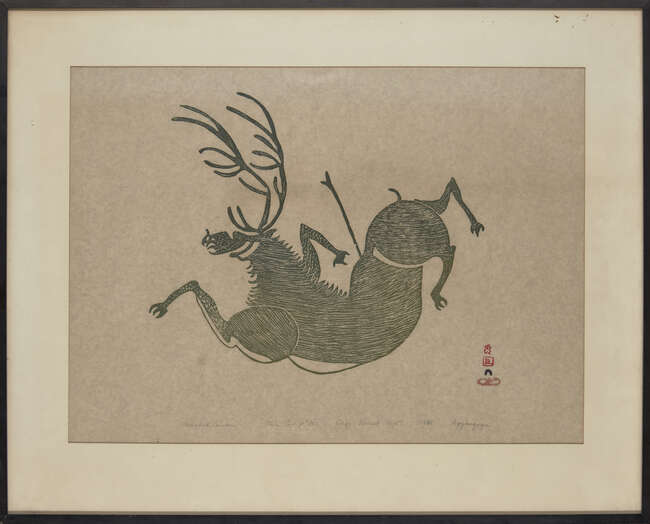 
	
		Aqjangajuk Shaa RCA, 
		Canadian 1937-2019-
		 
		Wounded Caribou, 1961;
		 
		