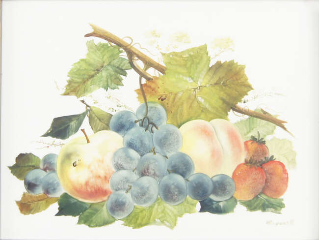 
	
		William Rayworth, British, 1852-1908, a  pair of painted panels of fruit and leaves,...