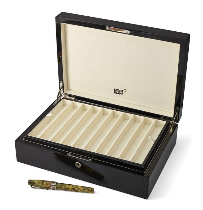 
	
		A celluloid pen, by Montegrappa, and a pen display box by Mont Blanc, the pen with green...