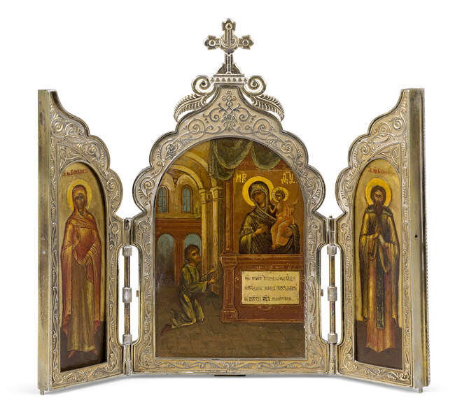 A Russian silver-gilt travelling triptych icon, by Ivan Khlebnikov, Moscow, 1899-1908, assay...
