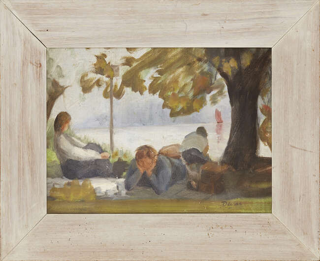 
	
		Anthony Devas, 
		British 1911-1958 - 
		River through woodland; 
		oil on unstretched...