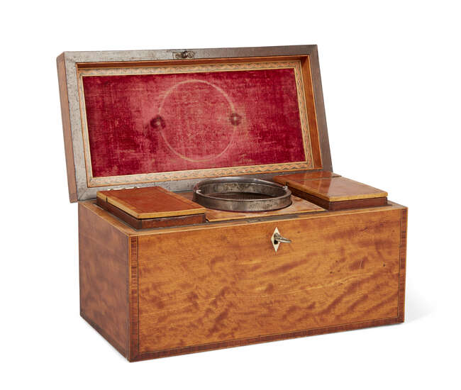 
	
		A large George III satinwood oblong tea caddy, silver swing handle and mounts, Joseph...