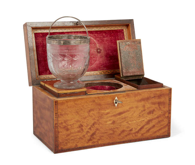 
	
		A large George III satinwood oblong tea caddy, silver swing handle and mounts, Joseph...