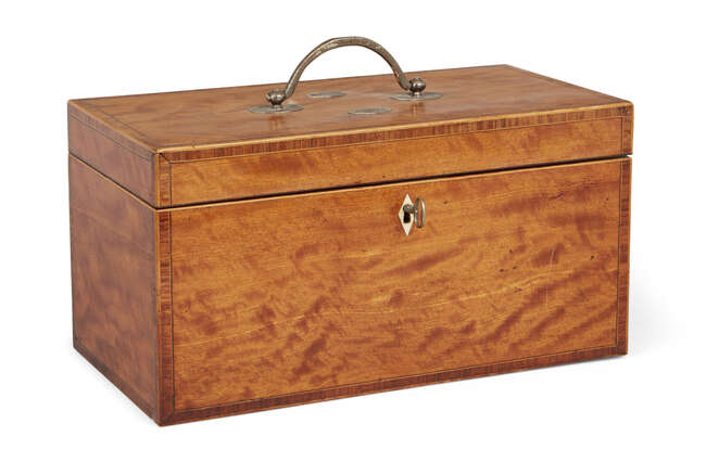 
	
		A large George III satinwood oblong tea caddy, silver swing handle and mounts, Joseph...