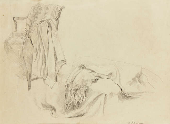 
	
		Henri Lebasque, 
		French 1865-1937 -  
		 
		Still life, chair & drapes; 
		 
		