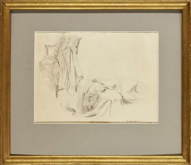 
	
		Henri Lebasque, 
		French 1865-1937 -  
		 
		Still life, chair & drapes; 
		 
		