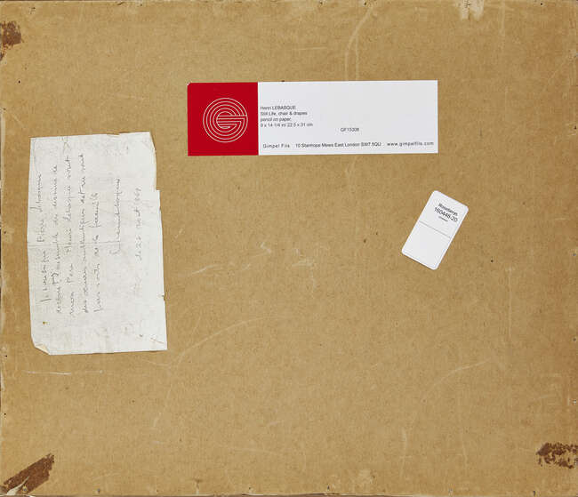 
	
		Henri Lebasque, 
		French 1865-1937 -  
		 
		Still life, chair & drapes; 
		 
		