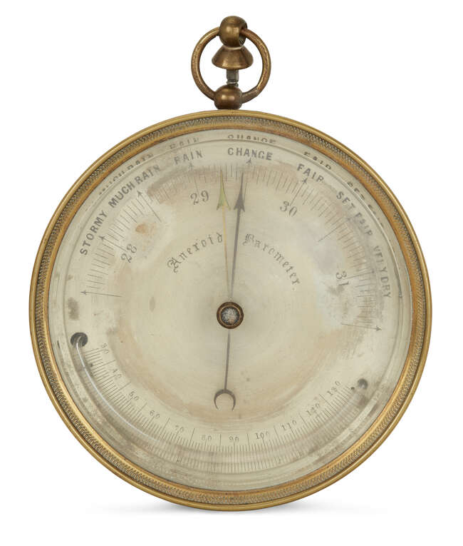 
	
		A Victorian aneroid barometer, late 19th century, the silvered dial calibrated in...