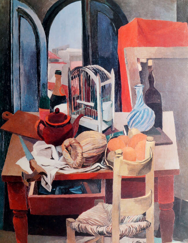 
	
		After Renato Guttuso, Italian 1911-1987- Still life in a room; offset lithographic...
