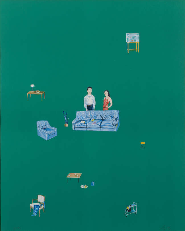 
	
		Zeng Hao,
		Chinese b.1963-
		 
		Interior (green), 2003;
		 
		lithograph in colours...