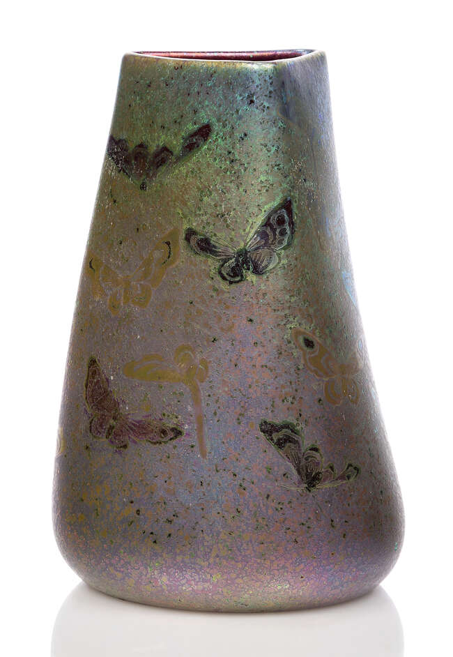 
	
		Clement Massier (1845-1917), an Art Nouveau lustre vase with butterflies 
		 c.1900,...