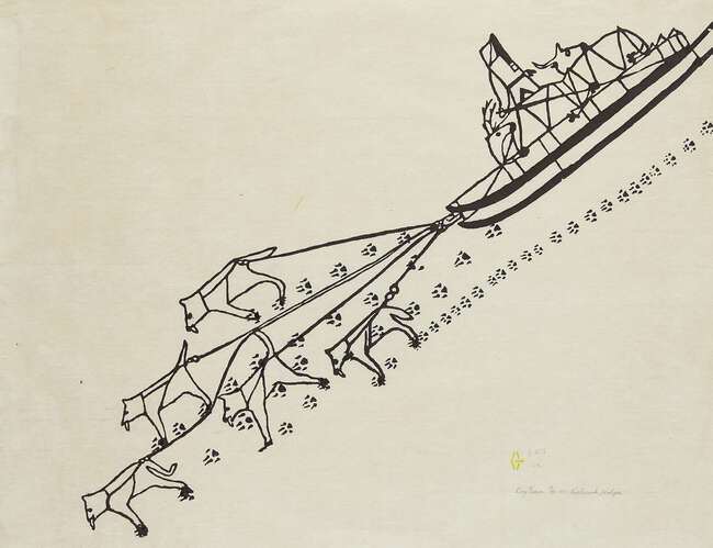 
	
		Harold Quarliksaq, 
		Canadian 1928-1980- 
		 
		Dog Team, 1971; 
		 
		stonecut print...