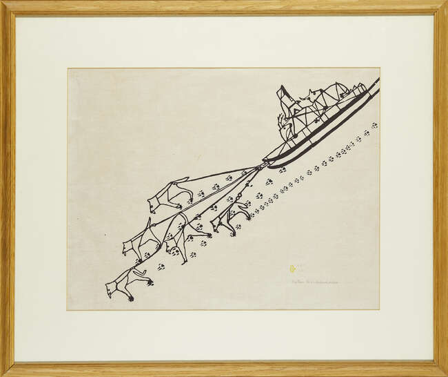 
	
		Harold Quarliksaq, 
		Canadian 1928-1980- 
		 
		Dog Team, 1971; 
		 
		stonecut print...