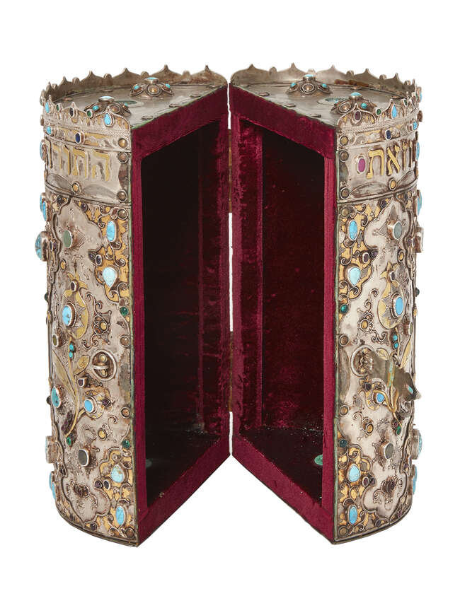 
	
		A gilded silver and gem-set torah holder, Bukhara, Uzbekistan, 19th-20th century, of...