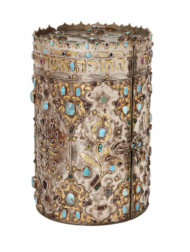 
	
		A gilded silver and gem-set torah holder, Bukhara, Uzbekistan, 19th-20th century, of...