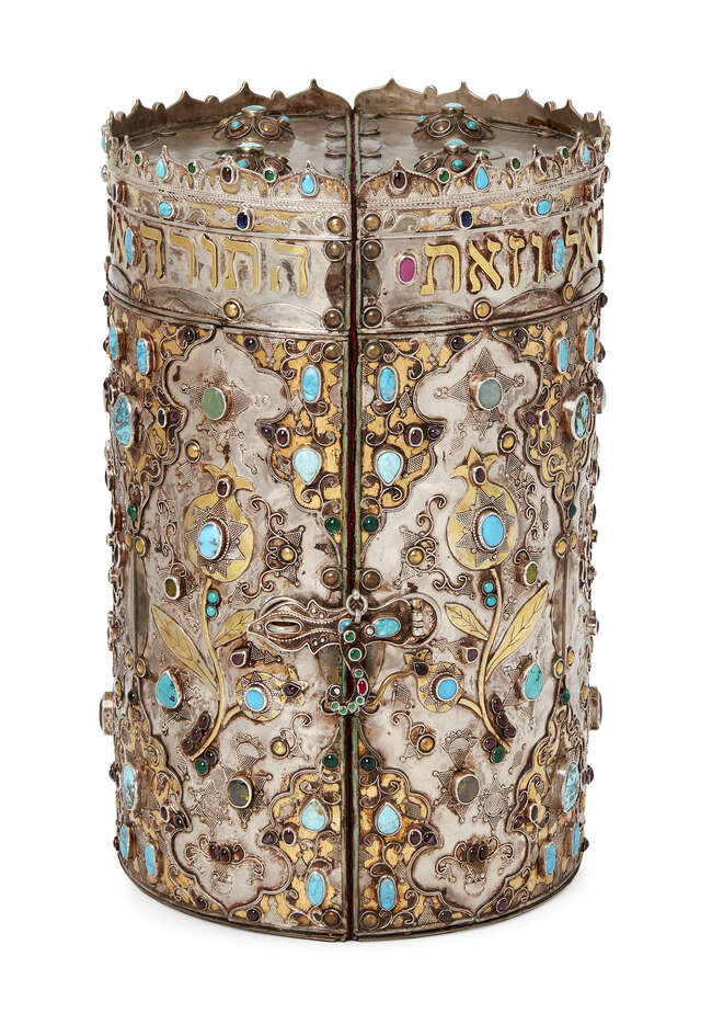 
	
		A gilded silver and gem-set torah holder, Bukhara, Uzbekistan, 19th-20th century, of...