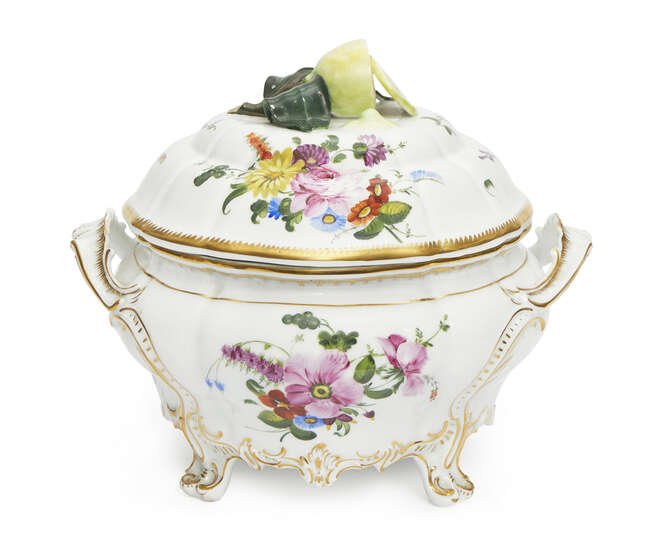 
	
		A Nymphenburg porcelain tureen and cover, late 19th century, with domed lid moulded with...