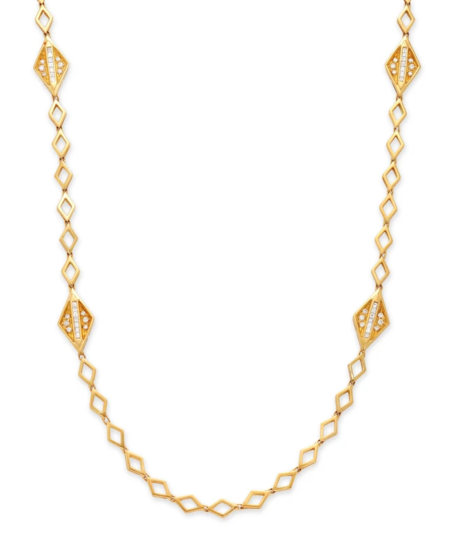 An Italian diamond set panel necklace, composed of four baguette-cut and brilliant-cut diamond...