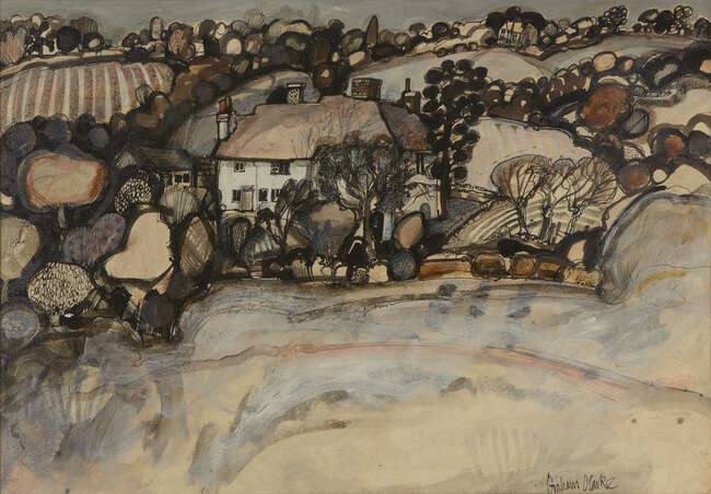
	
		Graham Clarke, 
		British b.1941 - 
		 
		Village scene; 
		 
		ink and gouache on...