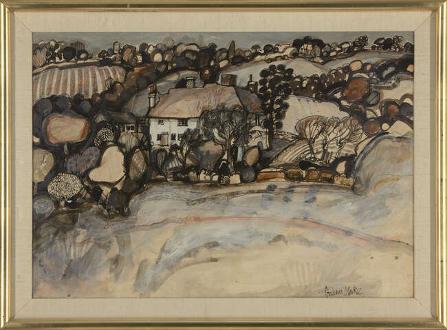 
	
		Graham Clarke, 
		British b.1941 - 
		 
		Village scene; 
		 
		ink and gouache on...