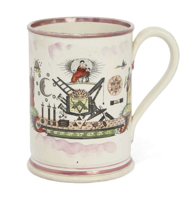 
	
		A Masonic Sunderland lustreware frog mug, c. 1830, of cylindrical form, with applied loop...