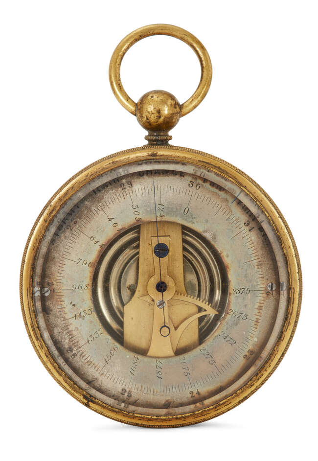 
	
		An English brass pocket aneroid barometer, late 19th century, with open-centred register...