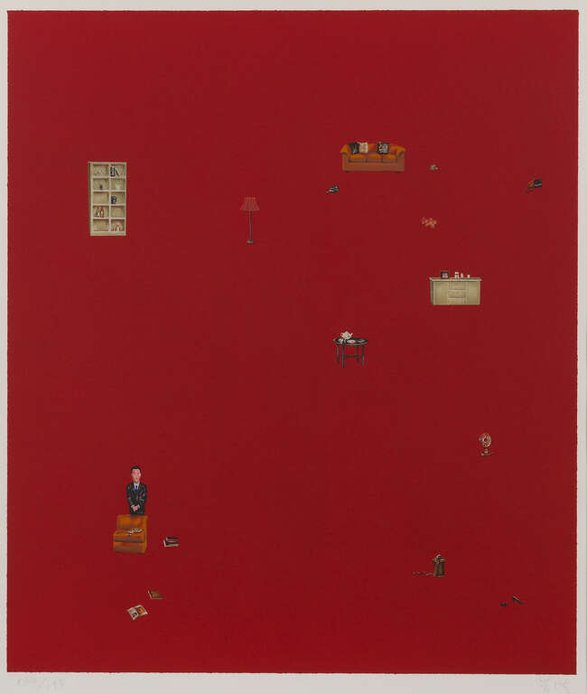 
	
		Zeng Hao,
		Chinese b.1963-
		 
		Untitled red, 2002;
		 
		lithograph in colours on...