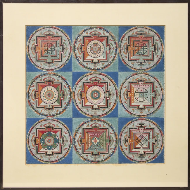 A study of Buddhist mandalas, 20th century, distemper on cloth, framed and glazed, 55 x 55cm