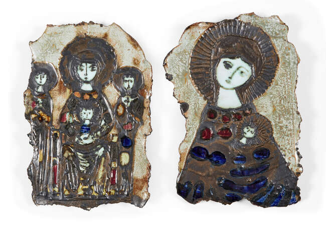 
	
		Adam Dworski (1917-2011), 
		 
		Two Madonna wall plaques, circa 1960s, 
		Red...