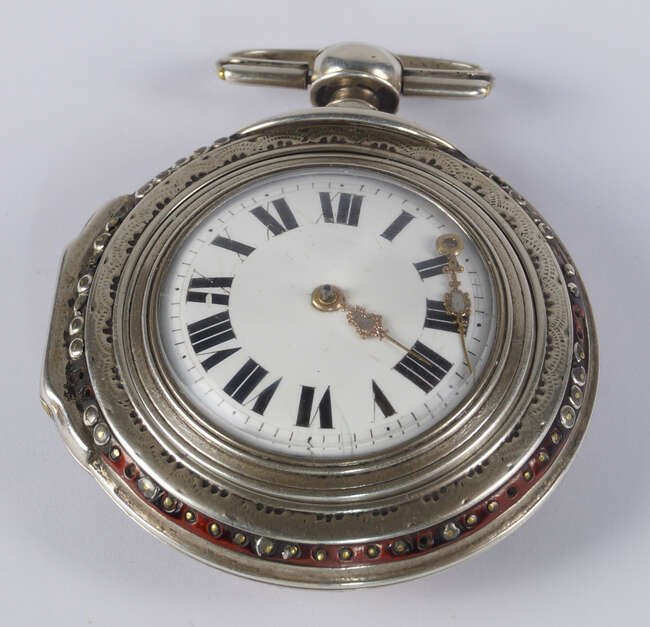 
	
		A late 18th century French silver pair case verge pocket watch, by Cunely, the white...
