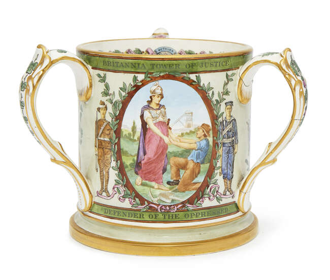 
	
		A Copeland Boer ware Commemorative three handled loving cup, late 19th/early 20th...