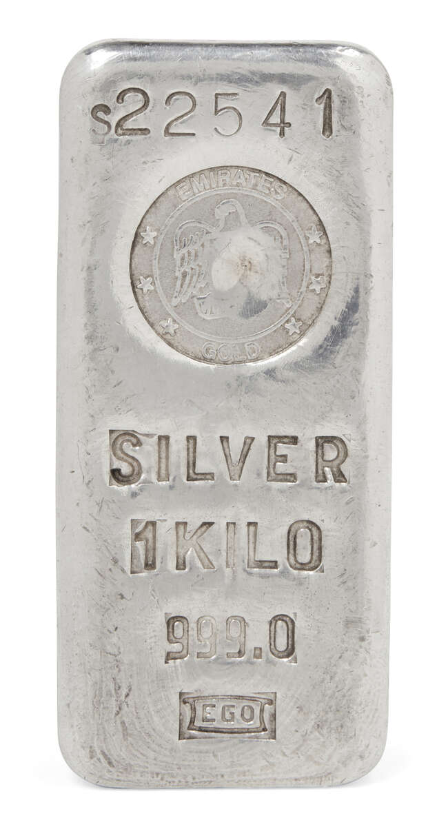 
	
		A 1kg Emirates 999 silver bar, numbered S22541 and stamped SILVER 999.0, EGO, with...